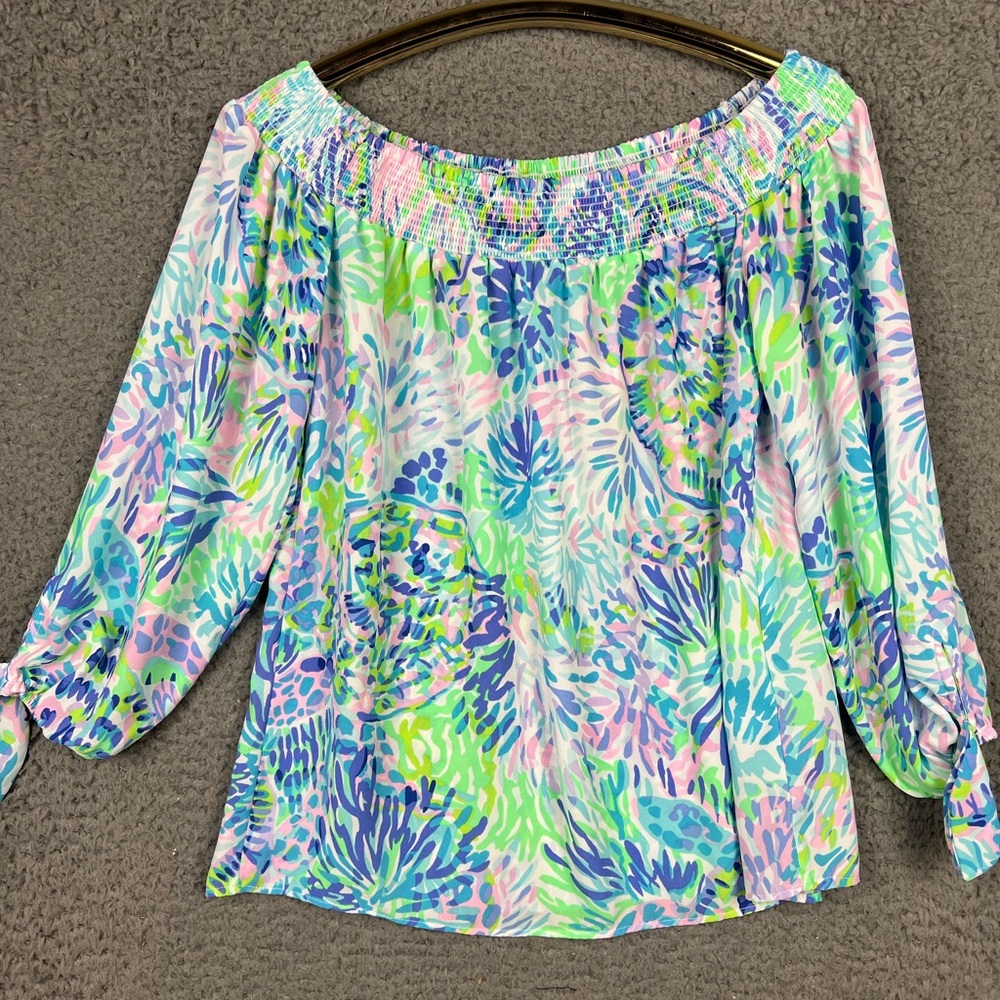 Lilly Pulitzer Multi Shell of a Party Maryellen Blouse Top XXS‎ Off the Shoulder